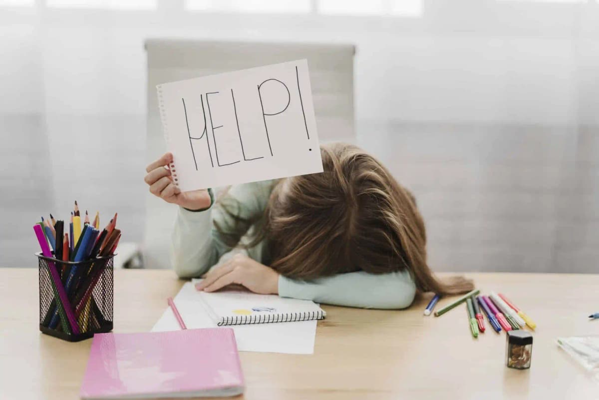 A sad student sitting alone in a classroom.